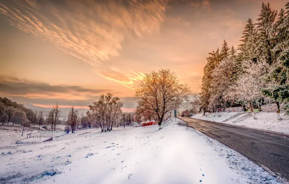 Зима, дорога, небо, снег, деревья, пейзаж, закт