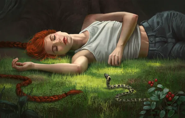 Картинка лес, девушка, змея, фэнтези, арт, Illustrator, Alex Shiga, A slumber