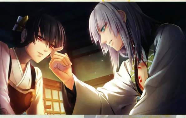 Комната, рука, слезы, прическа, кимоно, двое, visual novel, toki no kizuna