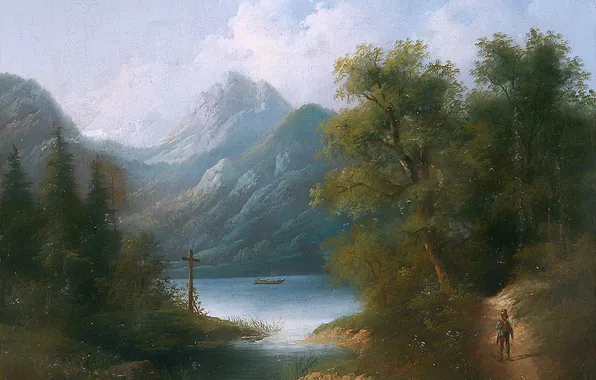 Горы, Деревья, Река, Картина, Мужчина, Австрийский художник-пейзажист, Эдуард Бем, Eduard Boehm