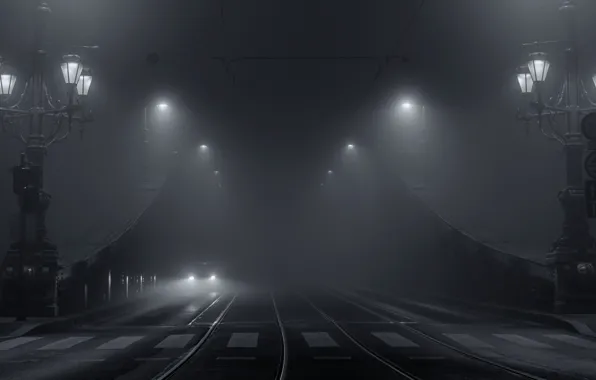 Картинка машина, свет, мост, город, огни, туман, чёрно - белое фото