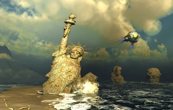 Sky, ocean, water, mountain, spaceship, planet, planet of the apes, cloud. wave