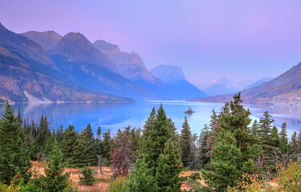 Лес, деревья, горы, природа, озеро, скалы, США, Glacier National Park