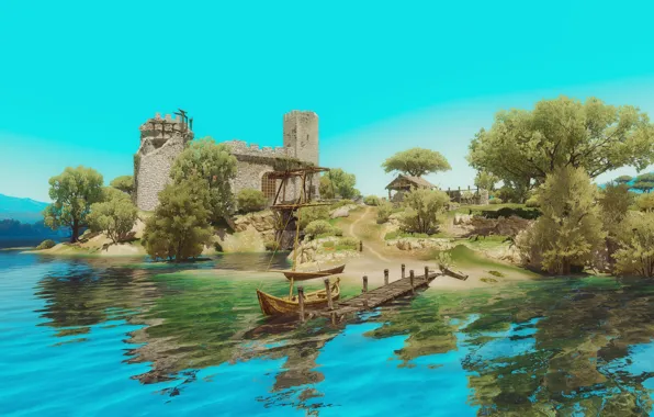 Пейзаж, река, замок, лодка, The Witcher 3, Wild Hunt