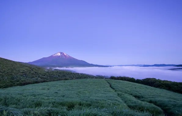 Небо, туман, гора, вечер, вулкан, Япония, синее, Хонсю
