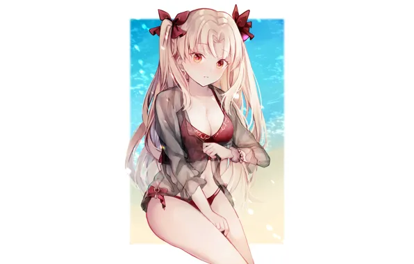 Girl, sexy, cleavage, beach, long hair, sea, boobs, anime