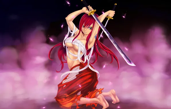 Девушка, оружие, фон, меч, арт, бинты, fairy tail, erza scarlet
