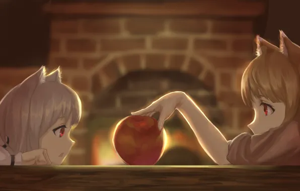 Стол, яблоко, камин, ушки, spice and wolf, art, horo, волчица и пряности