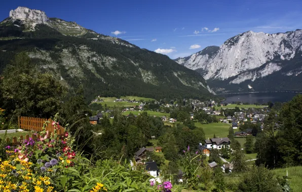 Картинка трава, деревья, цветы, горы, озеро, дома, Австрия, деревня