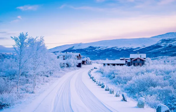 Картинка зима, дорога, снег, горы, деревня, Норвегия, домики, Norway