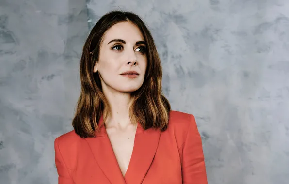 Красный, фон, портрет, актриса, шатенка, пиджак, Alison Brie, Элисон Бри