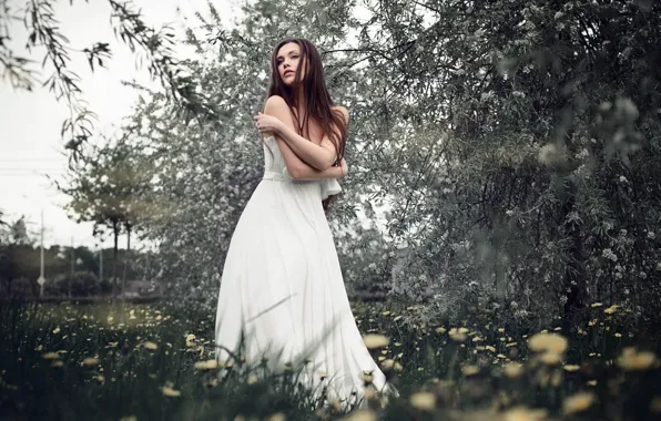 Girl, grass, flower, brown hair, garden, spring