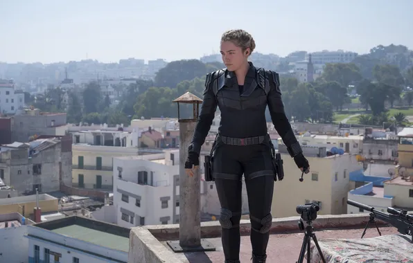 Крыша, кадр, костюм, красотка, винтовка, комикс, Black Widow, MARVEL