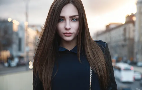 Взгляд, город, фон, модель, портрет, макияж, прическа, шатенка
