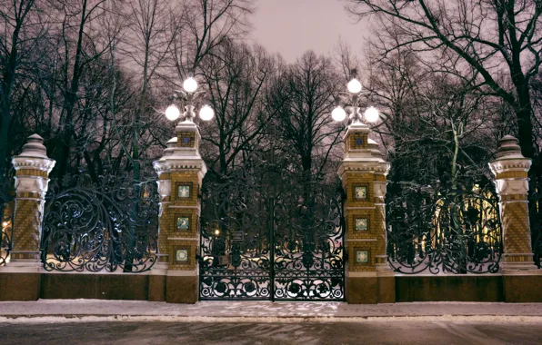 Картинка свет, ночь, ворота, решетка, фонари, Санкт-Петербург, light, night