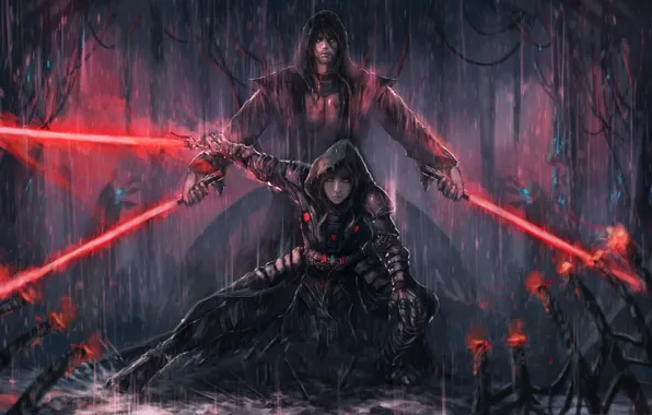 Девушка, дождь, арт, star wars, парень, световой меч, The Sith Lords