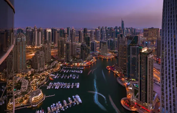 Ночь, город, отражение, небоскреб, бухта, яхты, Дубаи, причалы