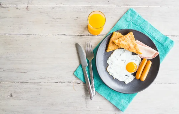 Картинка сосиски, еда, завтрак, яичница, тосты, апельсиновый сок
