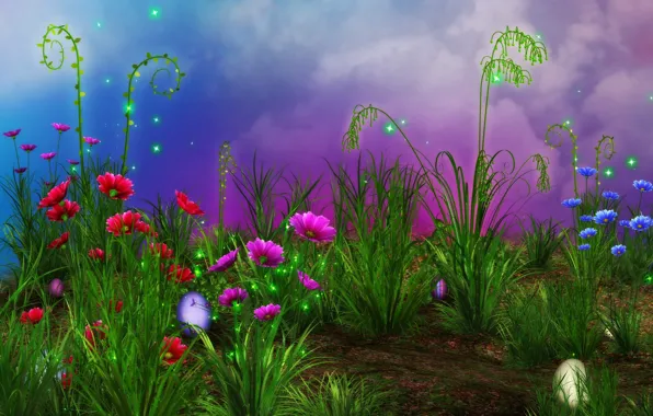 Картинка трава, цветы, искры, grass, Flowers, пасхальные яйца, rendering, sparkes