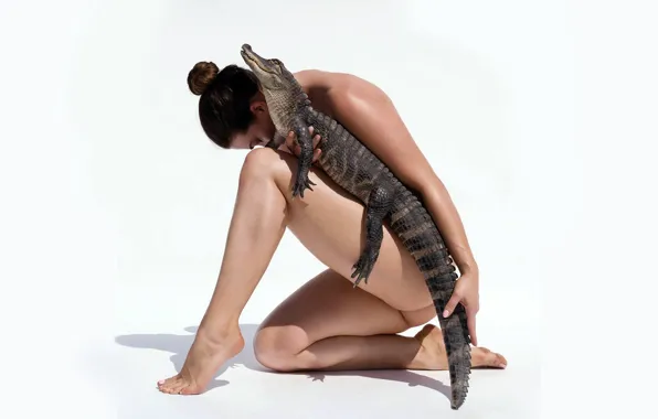 Girl, ass, legs, nude, butt, crocodile, alligator, bare feet