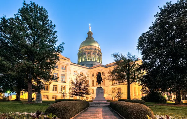 Дорога, небо, деревья, city, город, HDR, небоскребы, USA