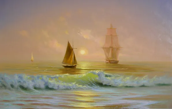 Картинка море, лодка, парусник, корабли, картина