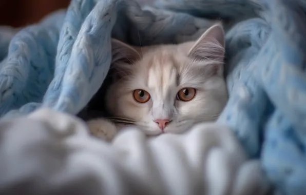 Кошка, белый, кот, взгляд, поза, уют, голубой, кровать