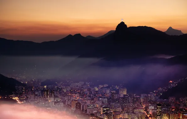 Горы, город, огни, Рио-де-Жанейро, Rio de Janeiro