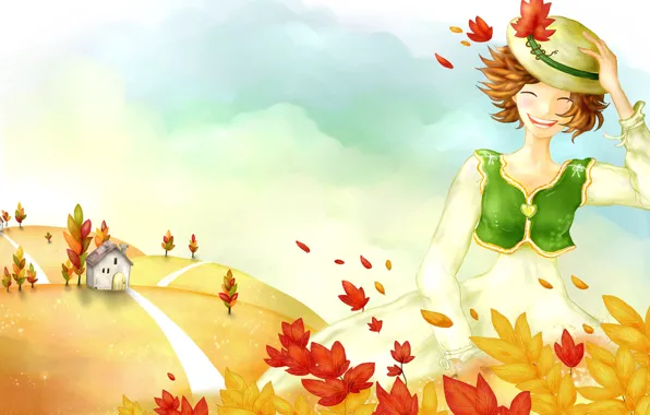 Картинка осень, листья, девушка, настроение, ветер, рисунок, дорожка, домик