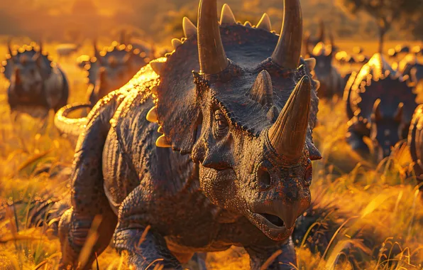 Трава, Рога, Triceratops, Животное, Цифровое искусство, Динозавры, Древние животные, Вымершие животные