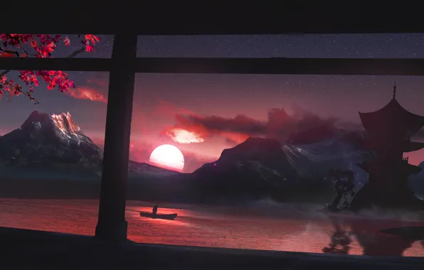 Картинка солнце, закат, горы, вишня, озеро, дом, лодка, япония