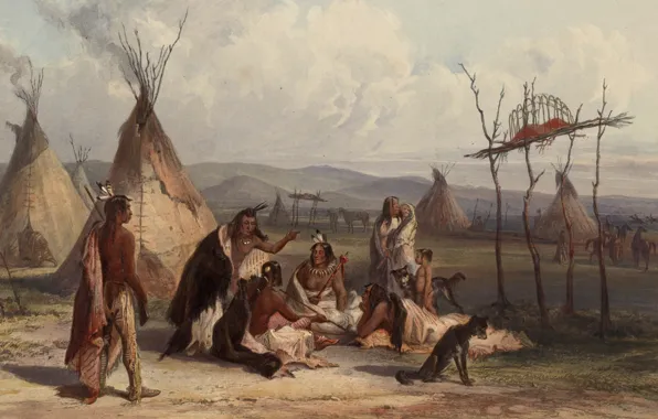 Картинка картина, живопись, painting, Карл Бодмер, 1844, funeral scaffold of a sioux chief near fort pierre …