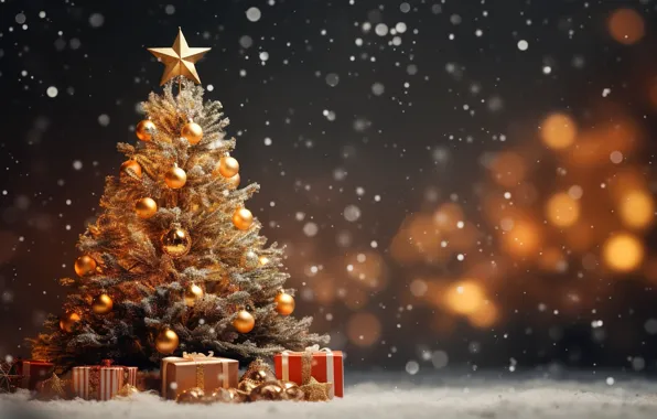 Зима, снег, украшения, шары, елка, Новый Год, Рождество, подарки