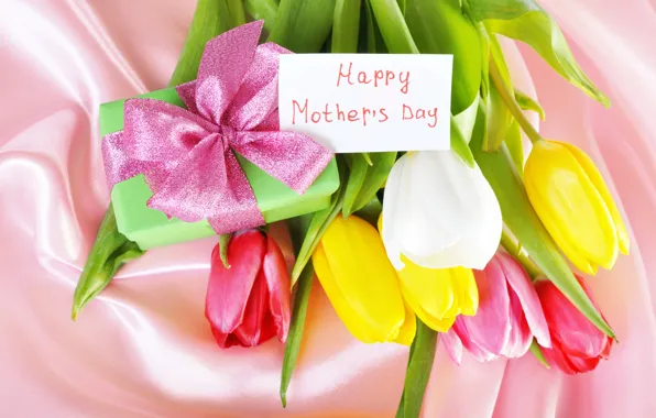 Цветы, подарок, лента, тюльпаны, разноцветные, поздравление, день матери