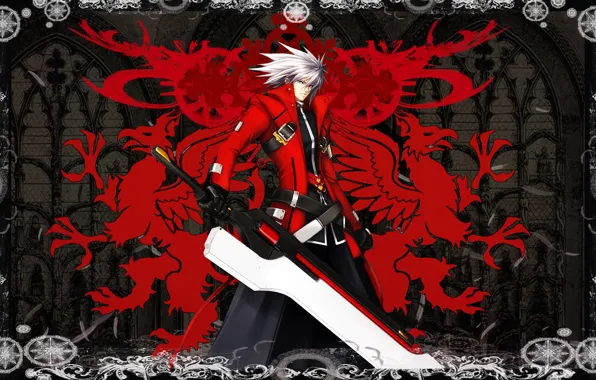 Аниме, парень, белые волосы, blazblue, ragna the bloodedge