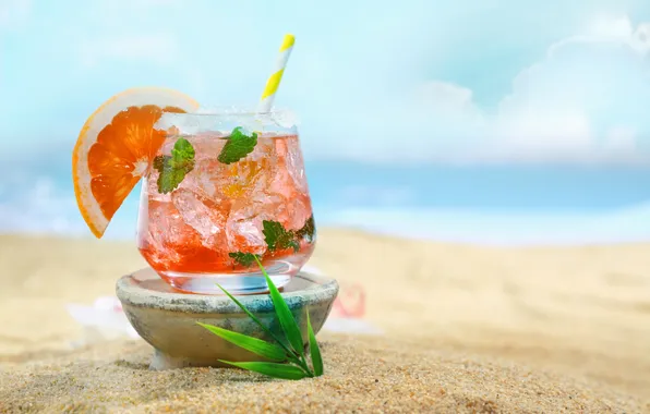 Лед, песок, пляж, лето, отдых, коктейль, мята, грейпфрут