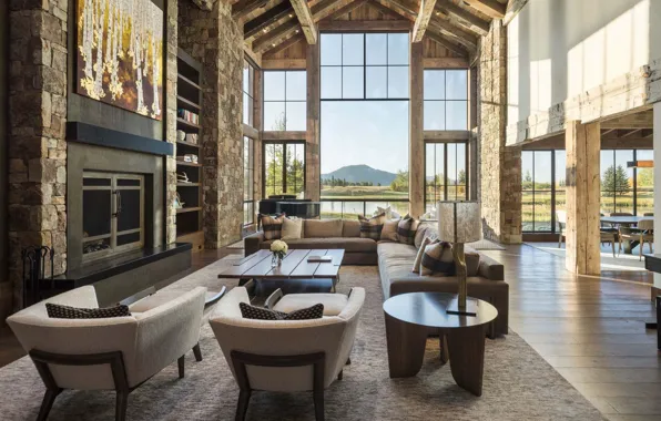 Интерьер, камин, гостиная, столовая, ранчо, delightful rustic home in Wyoming, деревенский дом в Вайоминге