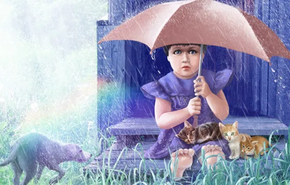 Картинка животные, трава, дождь, рисунок, собака, зонт, девочка, котята