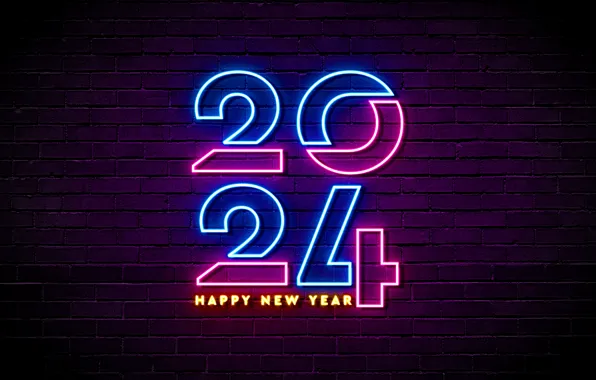 Картинка Happy New Year, Neon, New Year, Brick wall, 2024, Celebrations