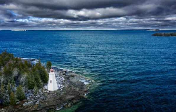 Картинка пейзаж, тучи, природа, озеро, маяк, Канада, Онтарио