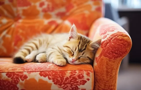 Кошка, оранжевый, поза, котенок, комната, диван, мебель, сон