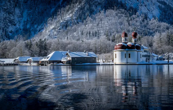 Картинка зима, снег, пейзаж, горы, природа, озеро, дома, Германия