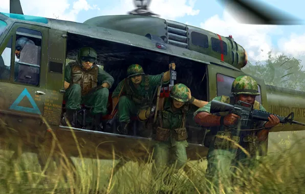 Вертолет, Солдаты, М16, US Army, Война во Вьетнаме