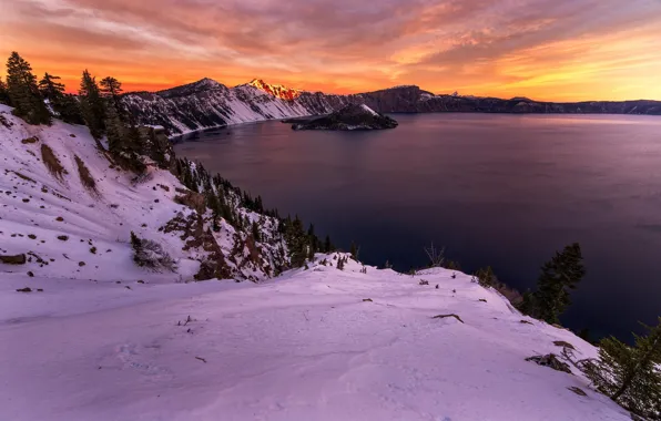 Зима, озеро, утро, Орегон, США, штат, Крейтер