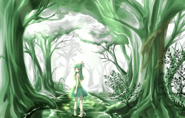 Картинка лес, вода, деревья, ручей, арт, девочка, прогулка