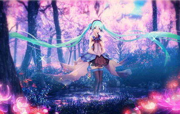 Вода, девушка, деревья, цветы, весна, арт, Vocaloid Hatsune Miku, by yyb