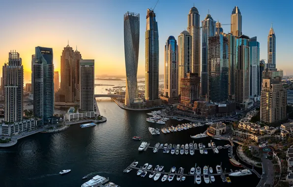 Здания, яхты, залив, Дубай, катера, Dubai, небоскрёбы, гавань