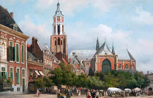 Дома, Церковь, Люди, Картина, Голландский художник, Elias Pieter van Bommel, Элиас Питер ван Боммель, Церковь …