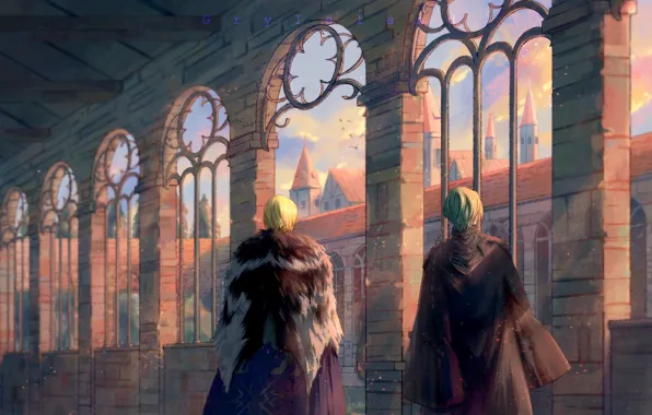 Небо, птицы, замок, мужчины, Fire Emblem, Dimitri Alexandre Blaiddyd, Byleth Eisner