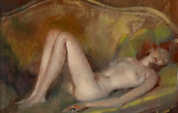 Картинка грудь, диван, женщина, рыжая, Модерн, Jean-Gabriel Domergue, Обнаженная на софе